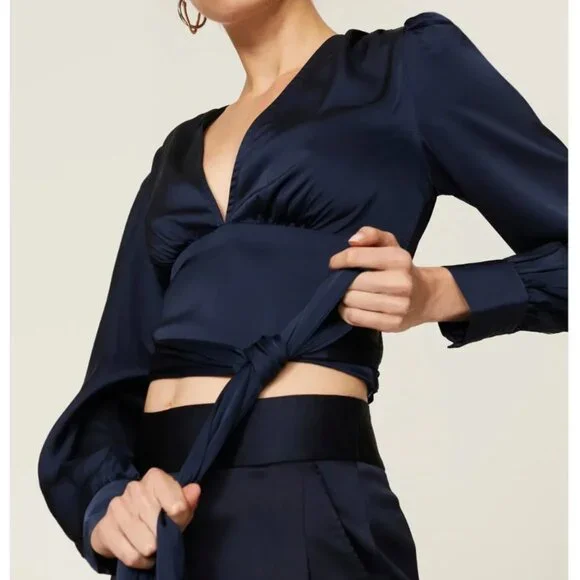 marissa webb Satin Tie Waist Blouse in blue size 2